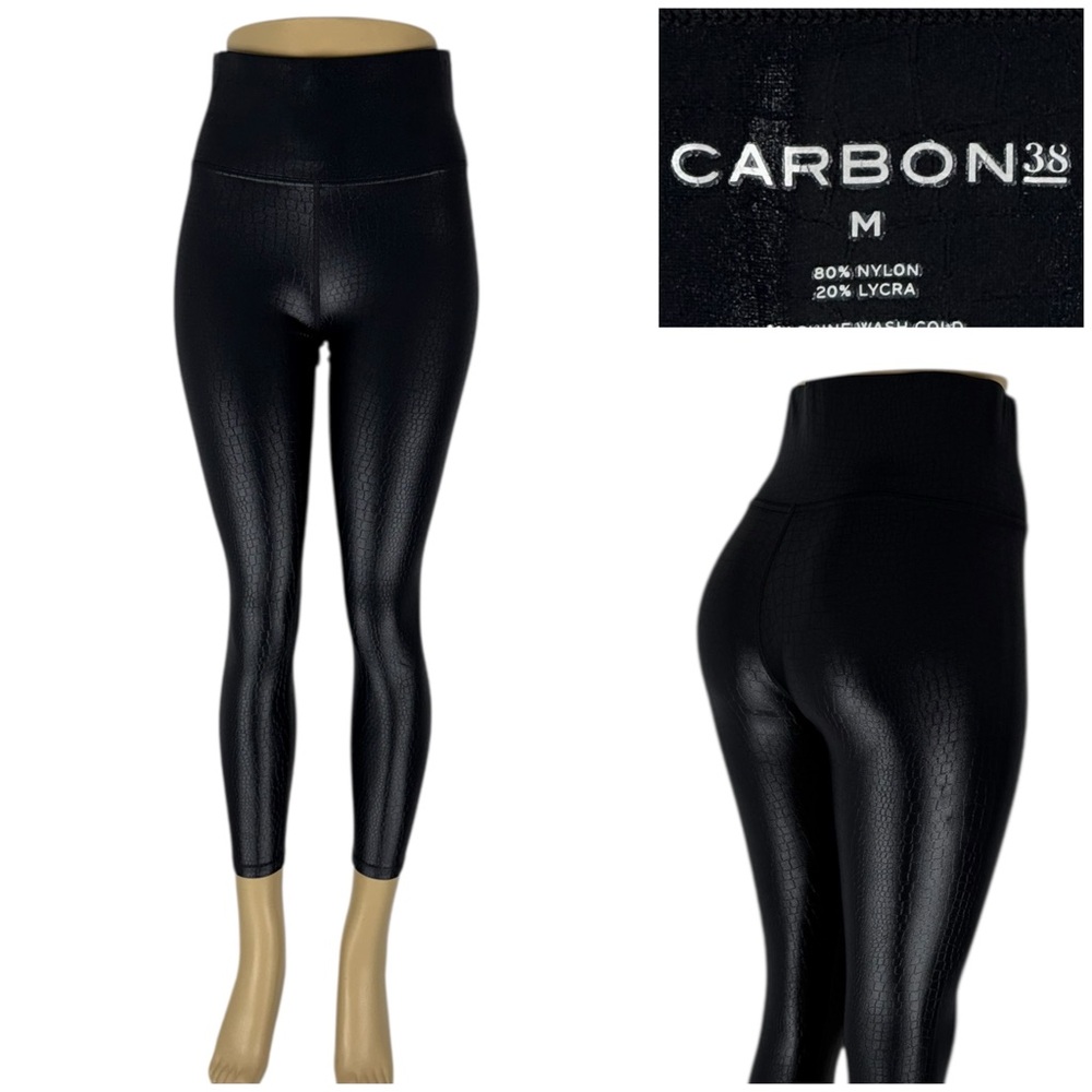 CARBON38 Womens Medium Leggings Black Animal Print Shine Nylon 25” Inseam EUC